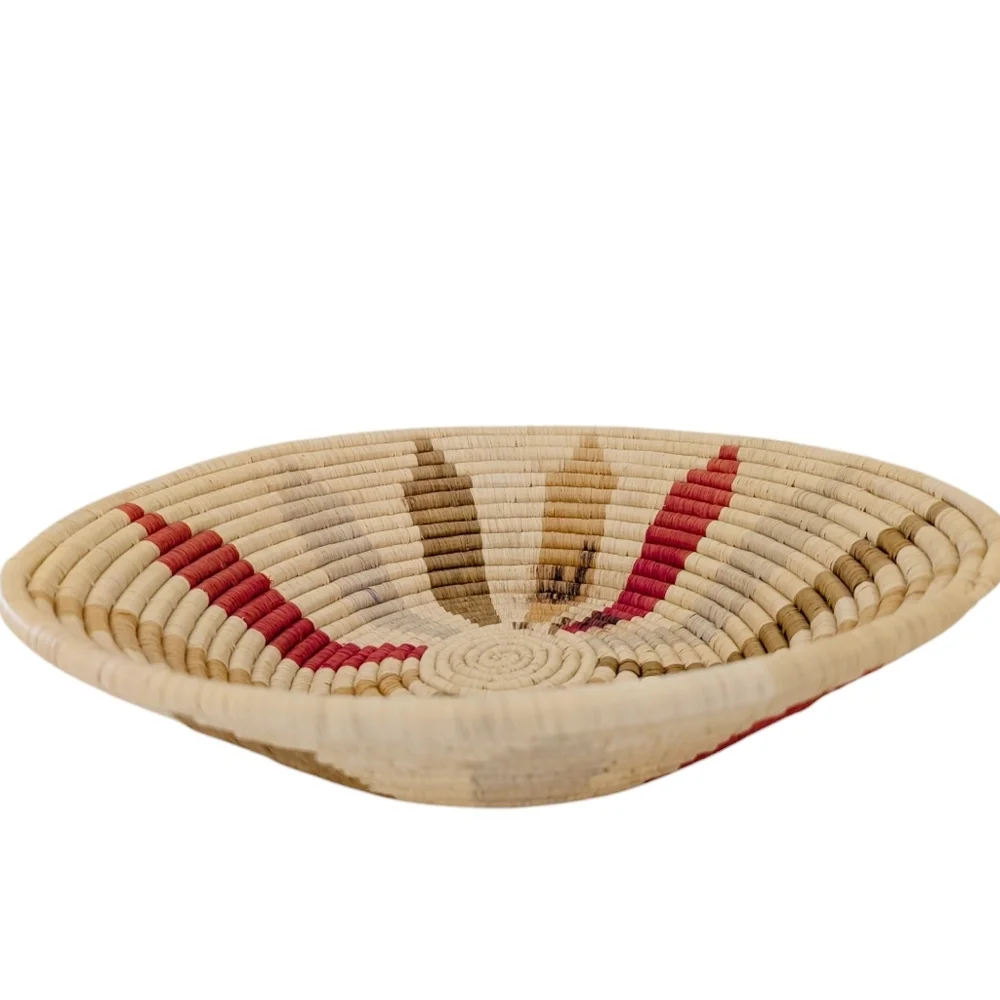 VINTAGE Handwoven Ghana Basket Tray Round African Woven Bowl Red Tan Blue 14